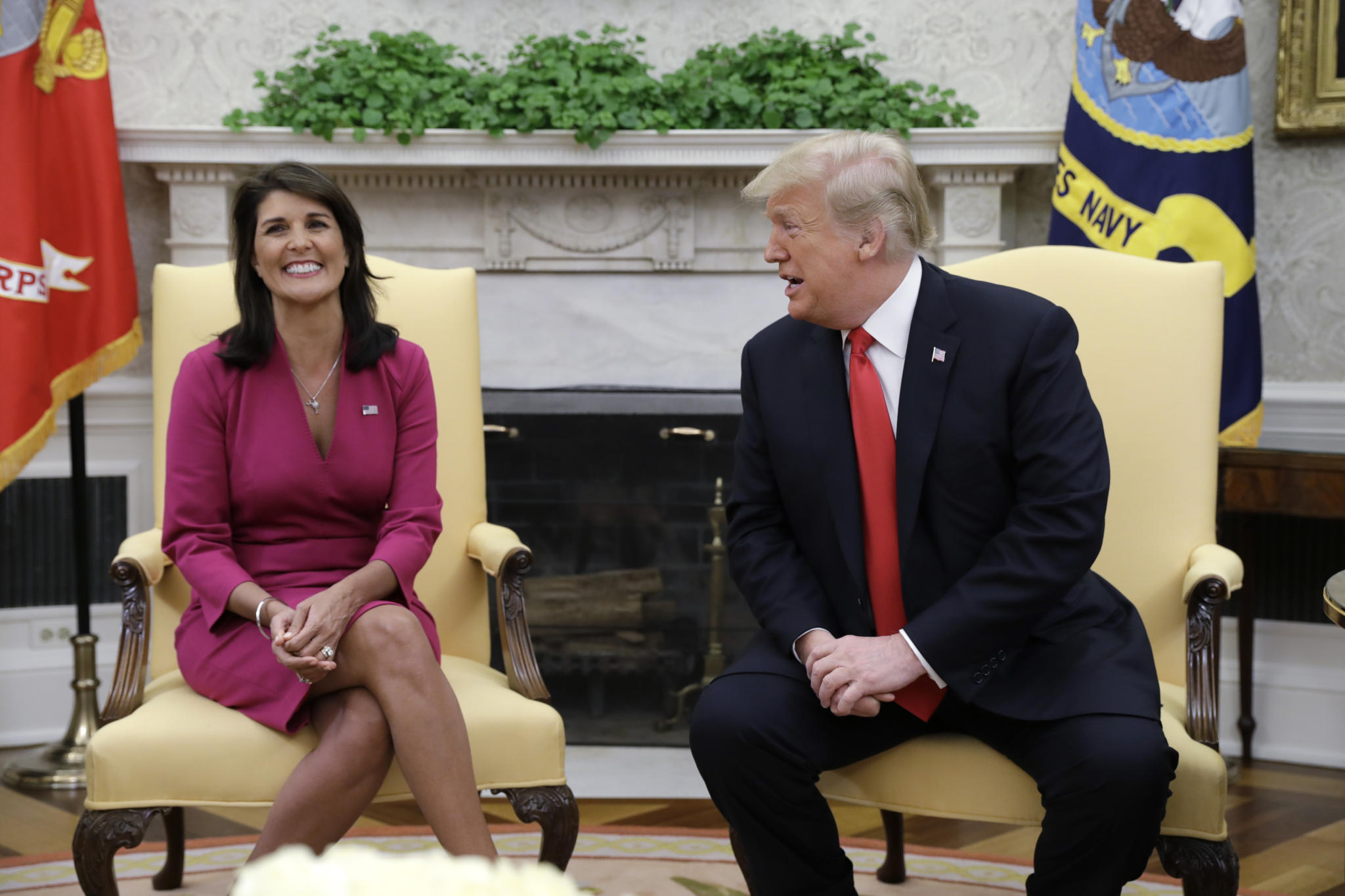 President Donald Trump meets with outgoing U.S. Ambassador to the United Nations Nikki Haley in the Oval Office of the White House, Tuesday, Oc. 9, 2018, in Washington. (AP Photo/Evan Vucci)